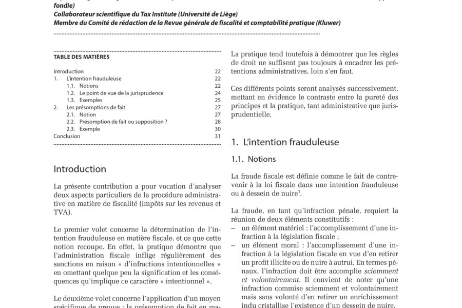 Le cabinet publie! Intention frauduleuse et le rôle des présomptions